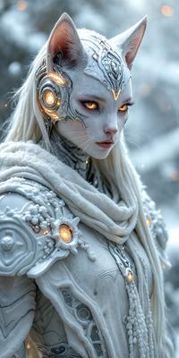 The primary subject of the image is a woman with white hair and a white outfit. She is wearing a white coat and has a white wig. The setting is a snowy environment, with the woman standing in the snow. The visual style of the image is a combination of digital art and illustration, creating a unique and artistic appearance. The colors in the image are predominantly white, giving it a clean and serene atmosphere.